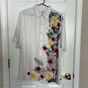 Tasso Elba Men’s White and Yellow Casual Button Down Shirt Floral Design Sz L